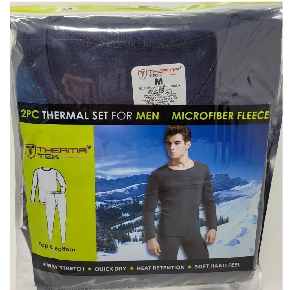 Men Long Johns Winter Microfiber Thermal Navy Blue Fleece Lined Warm Underwear - Picture 1 of 2
